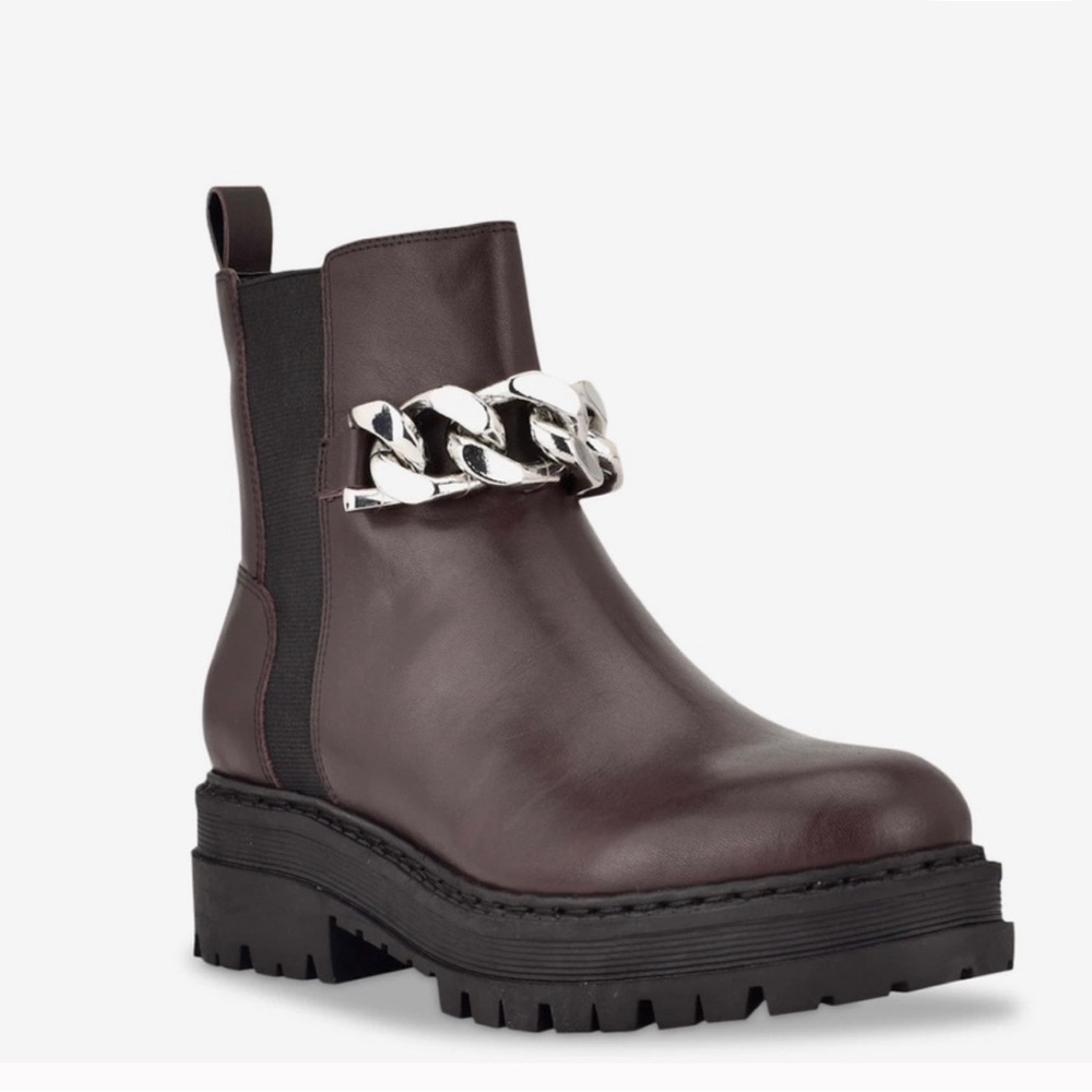 Marc Fisher Prairee Lug booties in deep plum color leather with Silver Chain